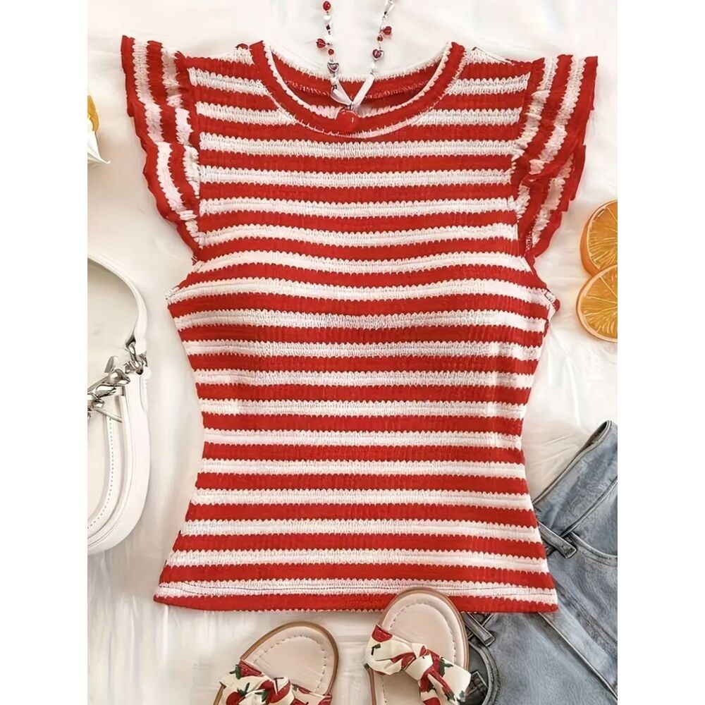 Comfy Casual Red and Cream Striped Crochet Stretchy Waffle Weave Knit Top Sz L
